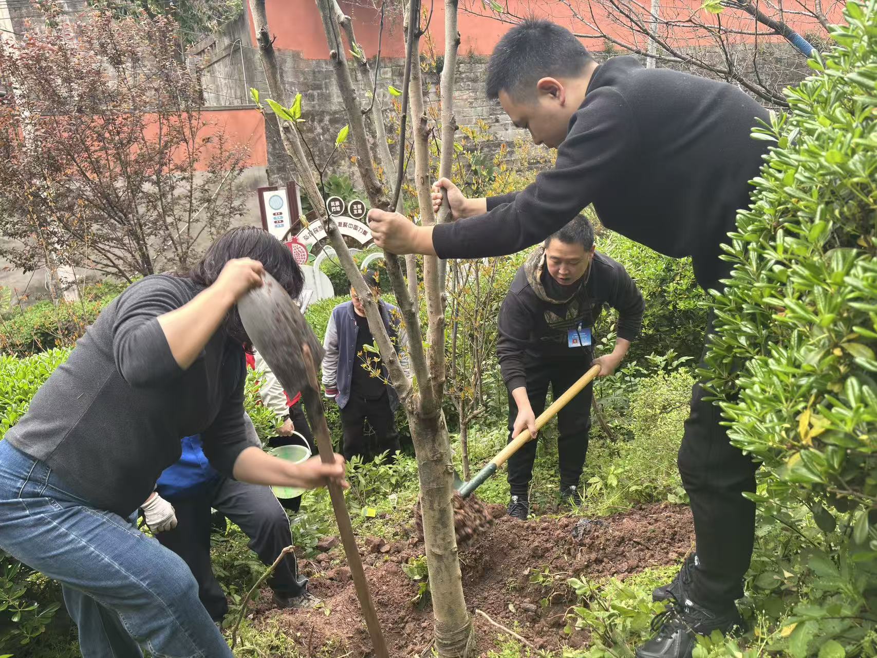 覃家岗街道新鸣社区开展 “共植同心树，共叙民族情”植树节活动